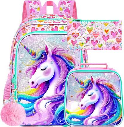 WZLVO 3PCS Kids Backpack for Girls, Unicorn Dinosaur Animal Prechool Elementary Kindergarten School Bookbag with Lunch Box