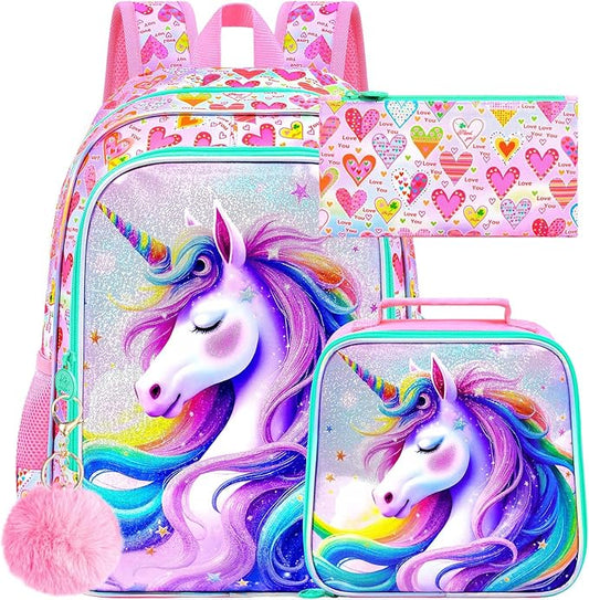 WZLVO 3PCS Kids Backpack for Girls, Unicorn Dinosaur Animal Prechool Elementary Kindergarten School Bookbag with Lunch Box