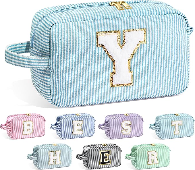 YooLife Monogram Initial Blue Cosmetic Bag - Personalized Makeup Toiletry Case for Women, Mom, Bridesmaid, Best Friend, Sister, Teacher Gifts