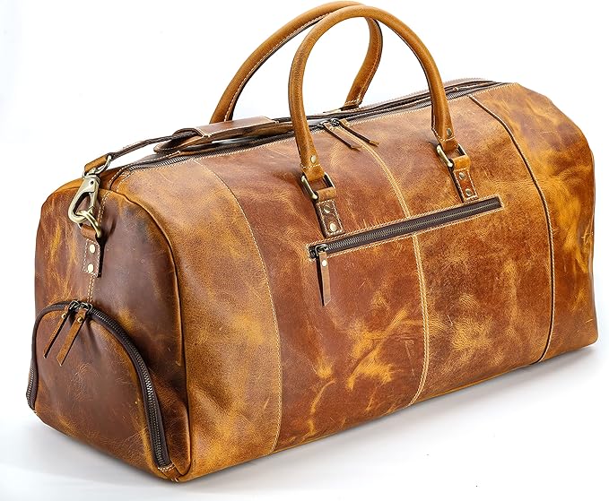 KomalC Leather Duffel Bags for Men and Women Full Grain Leather Travel Overnight Weekend Leather Bags Sports Gym Duffel for Men (Tan, 24 Inch)