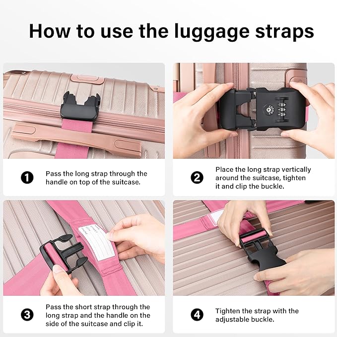 Luggage Straps, Pink TSA Approved Luggage Strap Belt with Combination Lock for Suitcases, 2 Pack Adjustable Heavy Duty Cross Suitcase Straps with Name Tags for Travel, Carry On Bags, Protect Luggage