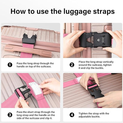 Luggage Straps, Pink TSA Approved Luggage Strap Belt with Combination Lock for Suitcases, 2 Pack Adjustable Heavy Duty Cross Suitcase Straps with Name Tags for Travel, Carry On Bags, Protect Luggage