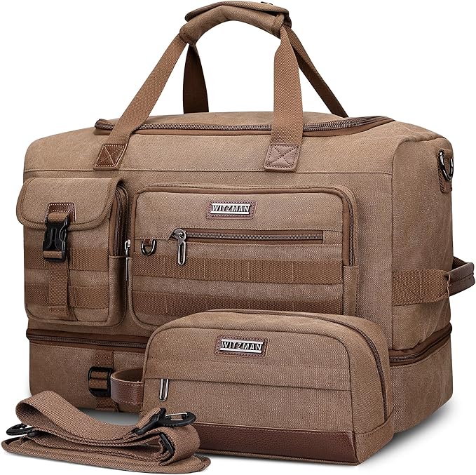 WITZMAN Duffle Bag for Men 50L Canvas Weekender Overnight Bag with Toiletry Bag Sets Travel Duffel Bag Shoes Compartment（A8010-2 Brown）