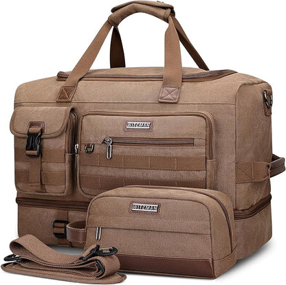 WITZMAN Duffle Bag for Men 50L Canvas Weekender Overnight Bag with Toiletry Bag Sets Travel Duffel Bag Shoes Compartment（A8010-2 Brown）