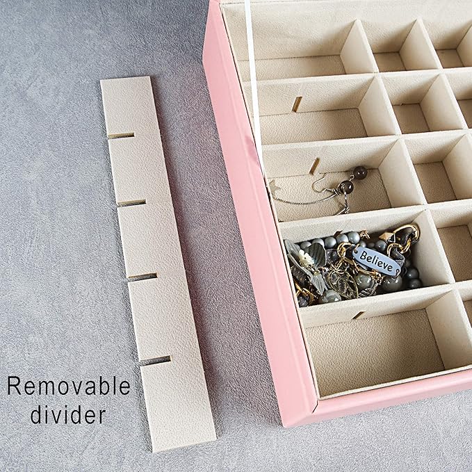 Frebeauty Earring Organizer Classic Jewelry Box 50 Slots Double Layer Jewelry Storage Case with 6 Necklace Hook and Bracelet Pocket(Pink)