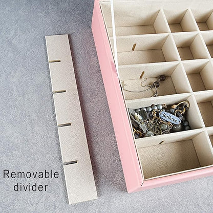 Frebeauty Earring Organizer Classic Jewelry Box 50 Slots Double Layer Jewelry Storage Case with 6 Necklace Hook and Bracelet Pocket(Pink)