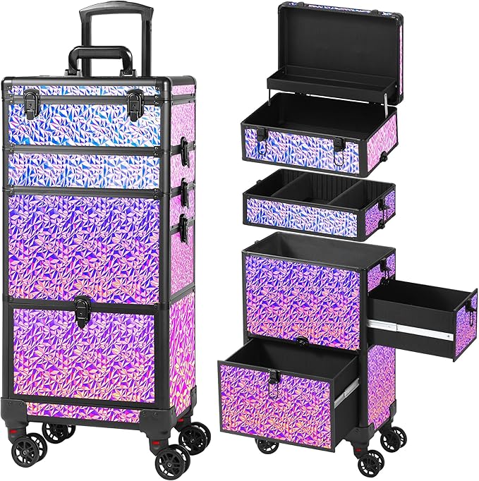 Rolling Makeup Case with Large Drawer, Makeup Train Case with Tray, Cosmetology Case on Wheels, Travel Makeup Case Organizers, Professional for Salon Barber, Nail, Tattoo, Multicolor Purple