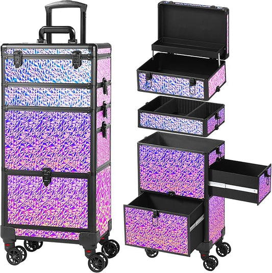 Rolling Makeup Case with Large Drawer, Makeup Train Case with Tray, Cosmetology Case on Wheels, Travel Makeup Case Organizers, Professional for Salon Barber, Nail, Tattoo, Multicolor Purple