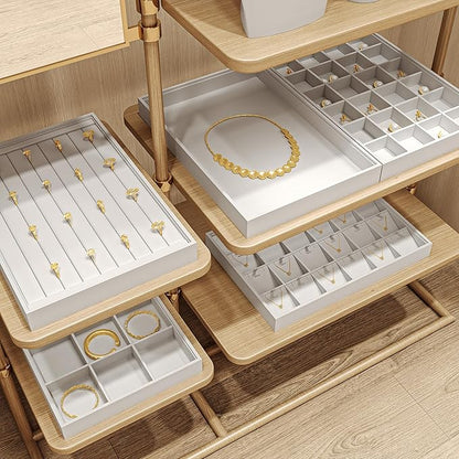 Oirlv Premium White Leather Stackable Jewelry Tray Ring Holder Organizer Showcase Ring Earring Display