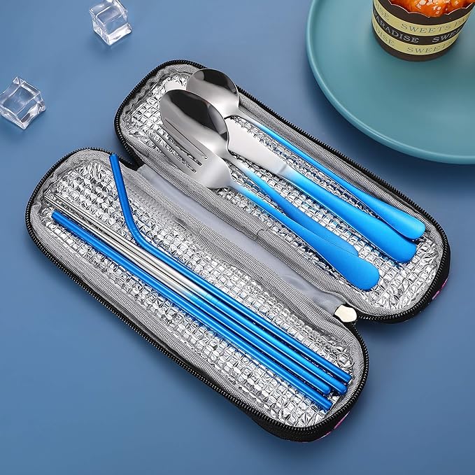 Travel Utensils,Reusable Silverware Set To Go Portable Cutlery Set with a Waterproof Carrying Case for Lunch Boxes Workplace Camping Picnic (GraBlue)