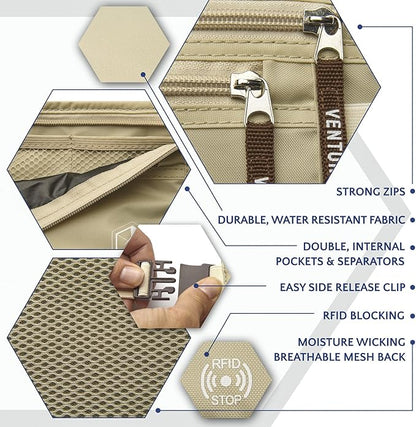 VENTURE 4TH Slim Minimalist Design RFID Money Belt with RFID Blocking Sleeves, for Men and Women – Ideal for Keeping Your Cash, Credit Card, Passport, Phone Secure When Traveling - Beige