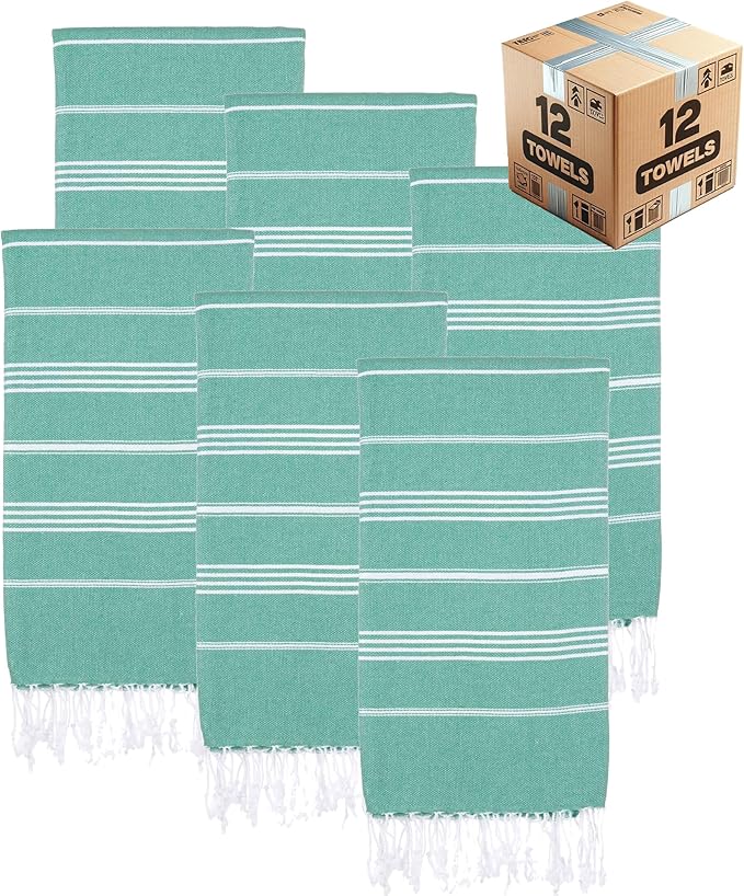 Turkish Beach Towels, Bulk Case of 12 | Oversized, Quick Dry, Sand Free | 100% Cotton, Large 38x71 Towels for Beach, Pool, Travel | Ultra-Soft, Compact, Absorbent | Green