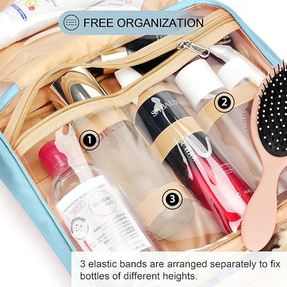 Travel Hanging Toiletry Bag for Women, Cruise Ship Essentials, with Jewelry Organizer, Extra Large Makeup Dopp Kit, Waterproof Cosmetic Bags, Toiletries Kit Set with Trolley Belt, Sky Blue
