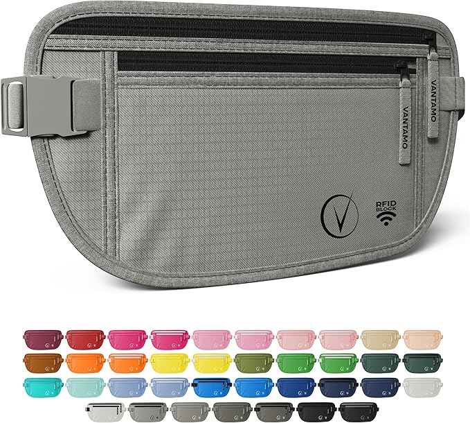 Vantamo Money Belt with RFID For Men & Women, Hidden Passport Holder for Travel, 2 Compartment Travel Fanny Pack for Women Anti Theft