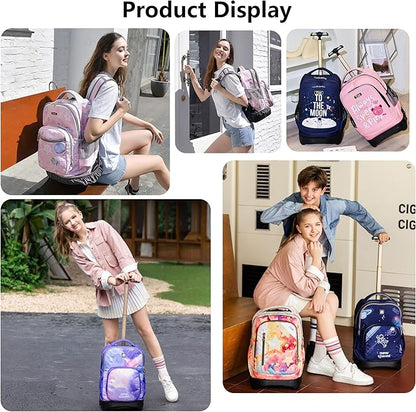 NEW TILAMI 18 Inch Rolling Backpack with Wheels for Girls Boys Kids Laptop Backpack School Travel, Purple Star