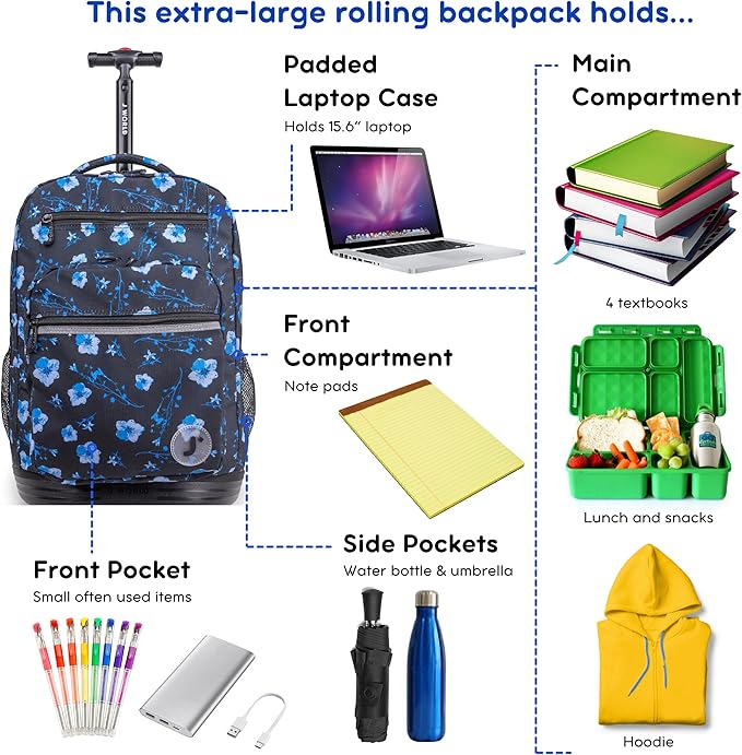 J World New York Sundance Rolling Backpack Girl Boy Roller Bookbag, Night Bloom, 20 X 13 X 9 (H X W X D), RBS-19 NIGHT BLOOM