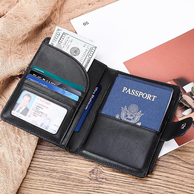 Polare Napa Leather Travel Passport Holder with YKK Zipper Pocket Snap Passports Cover RFID Blocking Passport Wallet Holders 2 Passports (Black with Zipper Pocket)