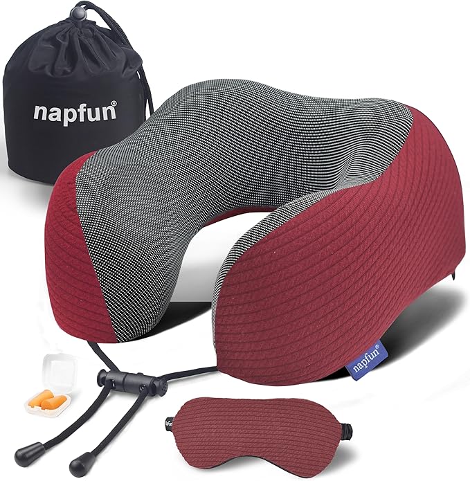 napfun Neck Pillow for Traveling, Upgraded Travel Neck Pillow for Airplane 100% Pure Memory Foam Travel Pillow for Flight Headrest Sleep, Portable Plane Accessories, Luxury Sets (Optional), Wine-Red