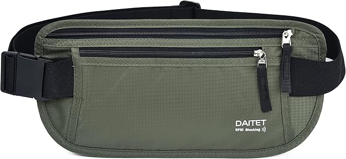 RFID Blocking Money Belt for Men Women, Slim Fanny Pack for Travel，Running,Conceal Waist Wallet for Passport Holder,Phone,Cash(Black Dark Olive Green)