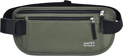 RFID Blocking Money Belt for Men Women, Slim Fanny Pack for Travel，Running,Conceal Waist Wallet for Passport Holder,Phone,Cash(Black Dark Olive Green)