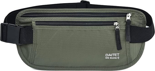 RFID Blocking Money Belt for Men Women, Slim Fanny Pack for Travel，Running,Conceal Waist Wallet for Passport Holder,Phone,Cash(Black Dark Olive Green)