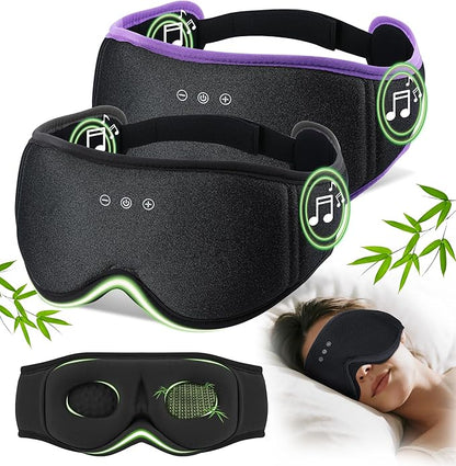 LC-dolida 2 Pack Bluetooth Sleep Mask, Bamboo Cotton 3D Blackout Contoured Bluetooth Sleep Headphones, Sleeping Eye Mask with 5.4 Bluetooth Headphones, Eye Sleep Mask for Side Sleepers, Black