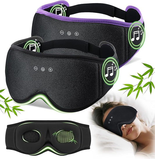 LC-dolida 2 Pack Bluetooth Sleep Mask, Bamboo Cotton 3D Blackout Contoured Bluetooth Sleep Headphones, Sleeping Eye Mask with 5.4 Bluetooth Headphones, Eye Sleep Mask for Side Sleepers, Black