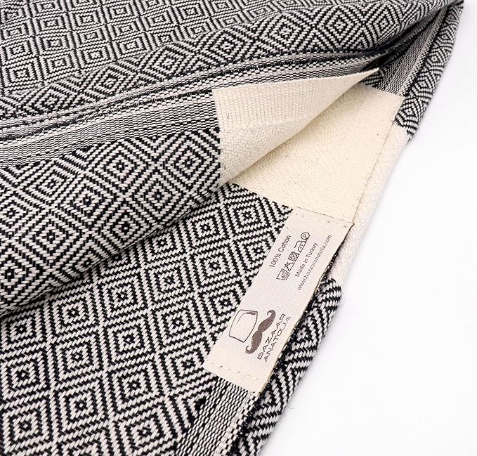 Bazaar Anatolia Turkish Beach Towel – 100% Cotton, Quick Dry, Lightweight and Sand Free – Perfect for Bathroom, Travel, Yoga, Camping, Oversized 71x39 inches - Diamond Black