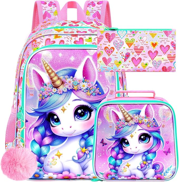 WZLVO 3PCS Kids Backpack for Girls, Unicorn Dinosaur Animal Prechool Elementary Kindergarten School Bookbag with Lunch Box