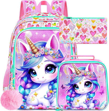 WZLVO 3PCS Kids Backpack for Girls, Unicorn Dinosaur Animal Prechool Elementary Kindergarten School Bookbag with Lunch Box
