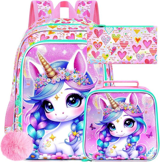 WZLVO 3PCS Kids Backpack for Girls, Unicorn Dinosaur Animal Prechool Elementary Kindergarten School Bookbag with Lunch Box