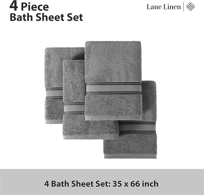 LANE LINEN 100% Cotton Bath Towels 4 Pack (35"x66") - Zero Twist, Premium Cotton Large Towels Set for Bathroom - Quick Dry, Soft & Absorbent Extra Large Bath Towel Set - Oeko Tex Certified - Cool Gery