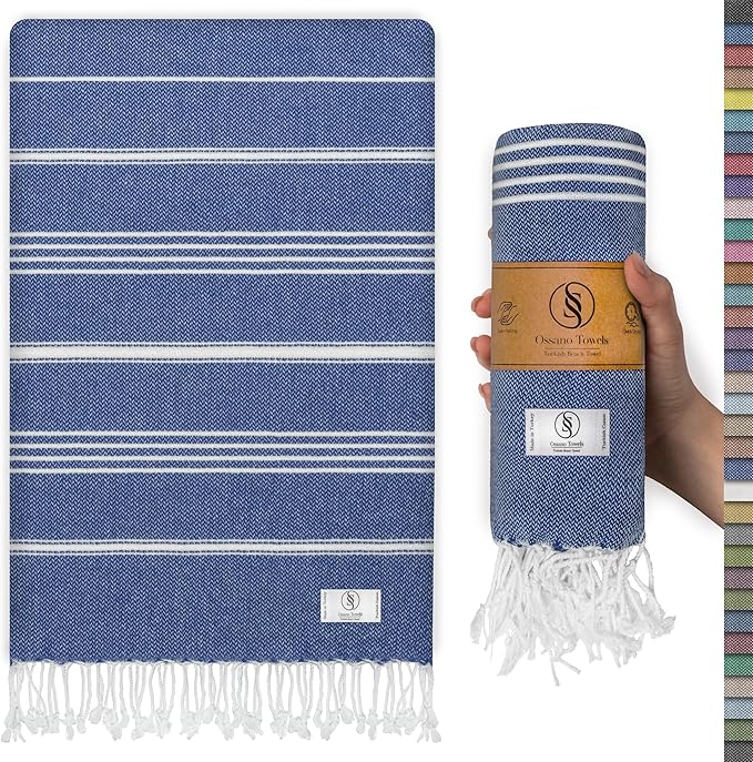 Turkish Beach Towel Compact & Soft Extra Large (39" x 71") - Quick Dry, Versatile and Functional as Yoga Mat, Picnic and Travel Blanket, Bath Towels/Vacation Essential - Indigo Blue