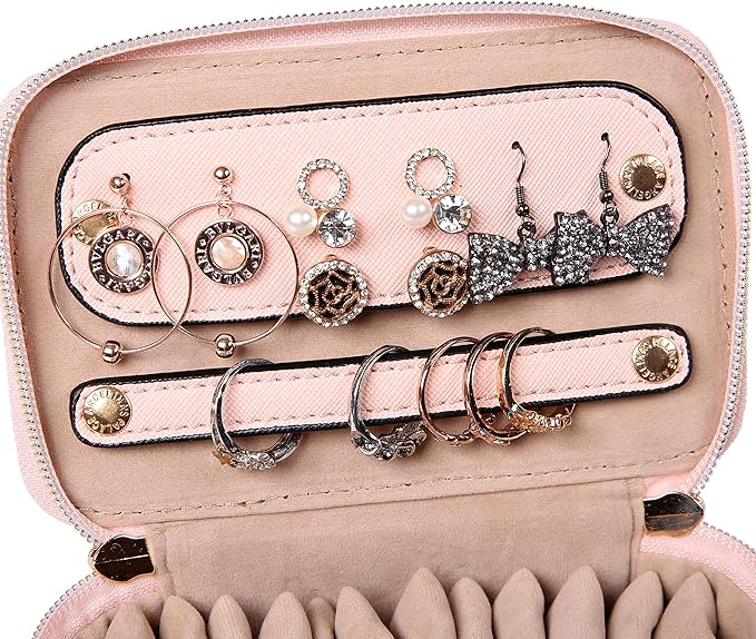 Angelina's Palace Jewelry Organizer Case Bridesmaid Gifts Travel Bag Vegan Leather Box for Necklace Earring Bracelet Ring(soft pink)