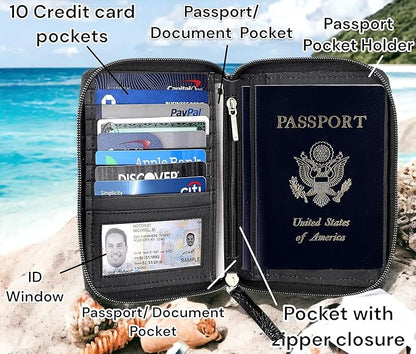 Passport Wallet - Travel Document Holder w/RFID Blocking – Full Grain Leather – Bifold compact zip around Wallet with Credit Card Slots for Women and Men,500-80