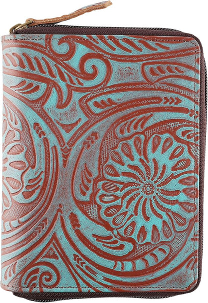 Passport Wallet - Travel Document Holder w/RFID Blocking – Full Grain Leather – Bifold compact zip around Wallet with Credit Card Slots for Women and Men,Turquoise floral,500-50