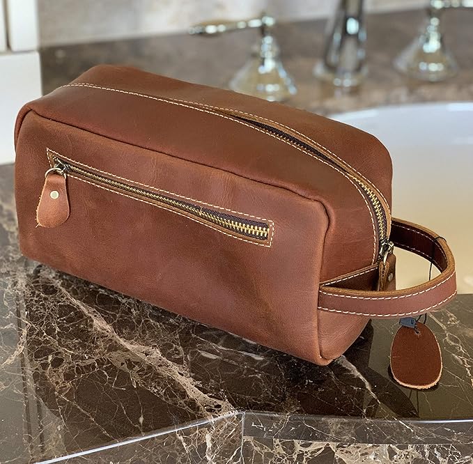 Calissimo Genuine Leather Toiletry Travel Tote Bag - Dopp Kit - Shaving Kit.
