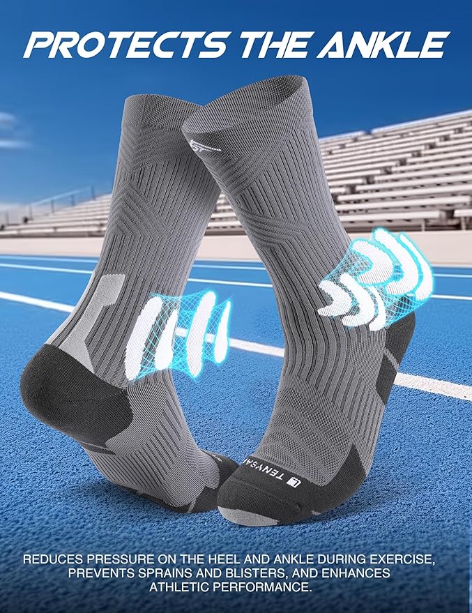 Men's Compression Running Socks: Coolmax Athletic Crew Socks Moisture Wicking Anti-Blister Cushion for Hiking 3 Pairs