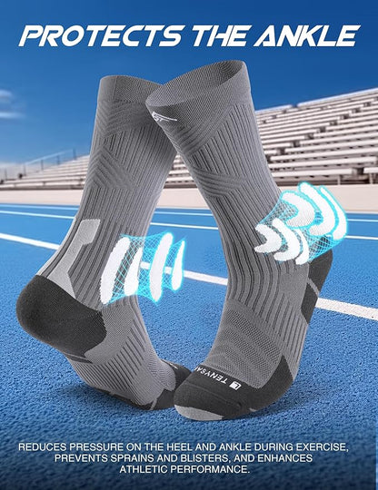 Men's Compression Running Socks: Coolmax Athletic Crew Socks Moisture Wicking Anti-Blister Cushion for Hiking 3 Pairs