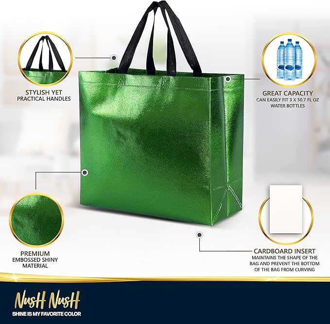 Nush Nush Large Green Gift Bags Bulk – Set of 60 Shiny Reusable Green Gift Bags With Handles - Perfect Goodie Bag for Christmas Gifts, Birthday Party Favor s, Holiday, Parties and Events – 13Wx5Dx11H