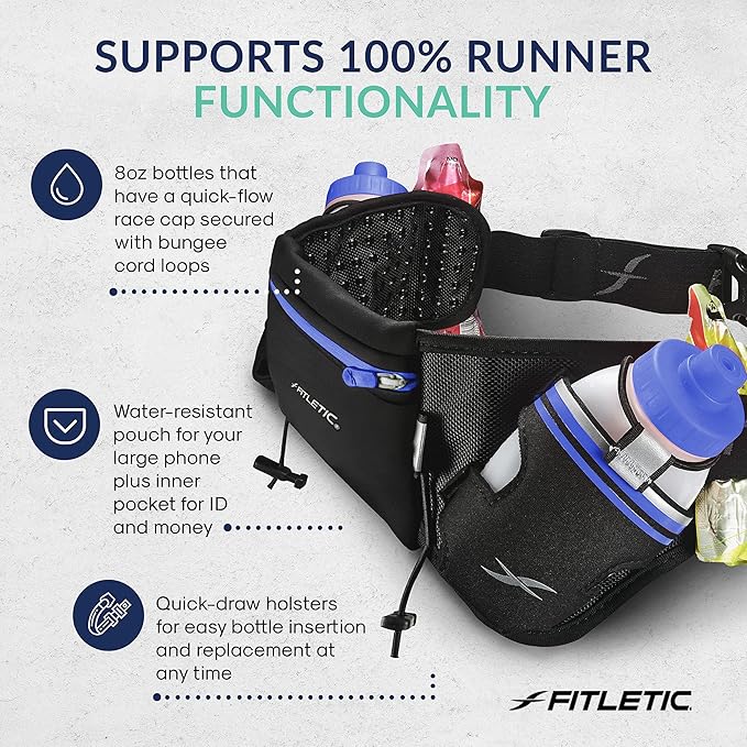 Fitletic Hydration Running Belt with Water Bottles for Men & Women – 2 Quick Flow 8oz Running Water Bottles, Patented Bounce Free Design, Water Resistant Pouch Fits All Phones – Hydra 16