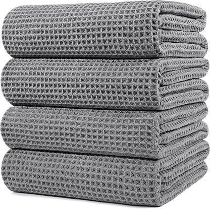 POLYTE Microfiber Oversize Quick Dry Lint Free Bath Towel, 60 x 30 in, 4 Pack (Waffle Weave)