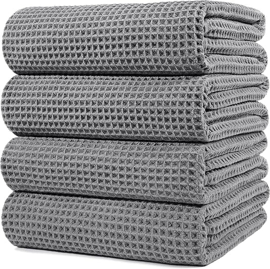POLYTE Microfiber Oversize Quick Dry Lint Free Bath Towel, 60 x 30 in, 4 Pack (Waffle Weave)