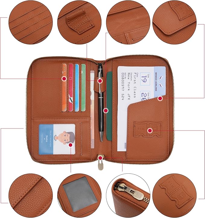 WASON Leather Zipper Travel Passport Wallet Holder RFID Blocking Cover, Passport case Pocket Slot for Card, Cash, ID, Boarding Pass and Ticket for Men, Women and Family Trips (Brown)