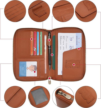 WASON Leather Zipper Travel Passport Wallet Holder RFID Blocking Cover, Passport case Pocket Slot for Card, Cash, ID, Boarding Pass and Ticket for Men, Women and Family Trips (Brown)