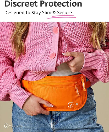 Vantamo Money Belt with RFID For Men & Women, Hidden Passport Holder for Travel, 2 Compartment Travel Fanny Pack for Women Anti Theft
