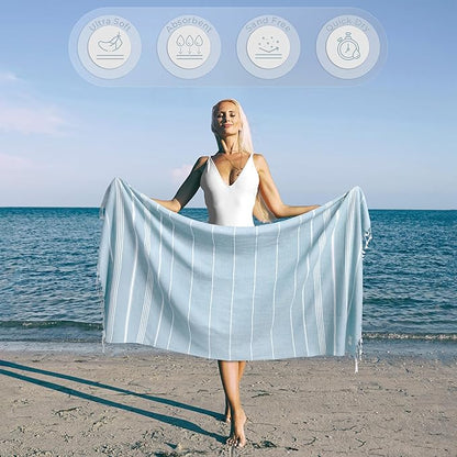 Turkish Beach Towel Quick Dry & Absorbent Oversized (39" x 71") - Compact, Versatile and Functional as Travel Blanket, Bathroom, Shower, Gym and Pool Towels, Yoga, Bath Mat - Baby Blue