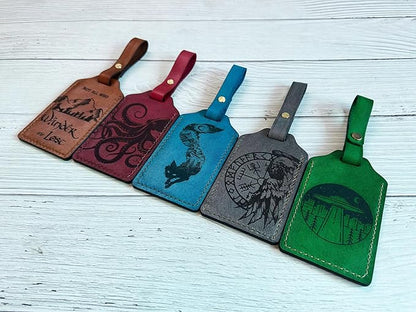 Mayan Corner - Leather Luggage Tag with Celtic Raven Design, ID Window, Grey, Brass Hardware, 4.3 x 2.7 inches