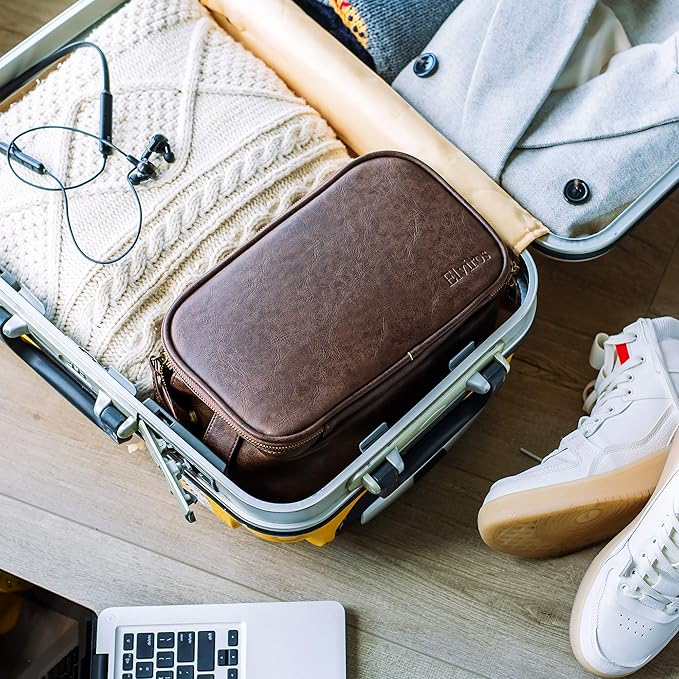 Elviros Toiletry Bag for Men, Large Travel Shaving Dopp Kit Water-resistant Bathroom Toiletries Organizer PU Leather Cosmetic Bags