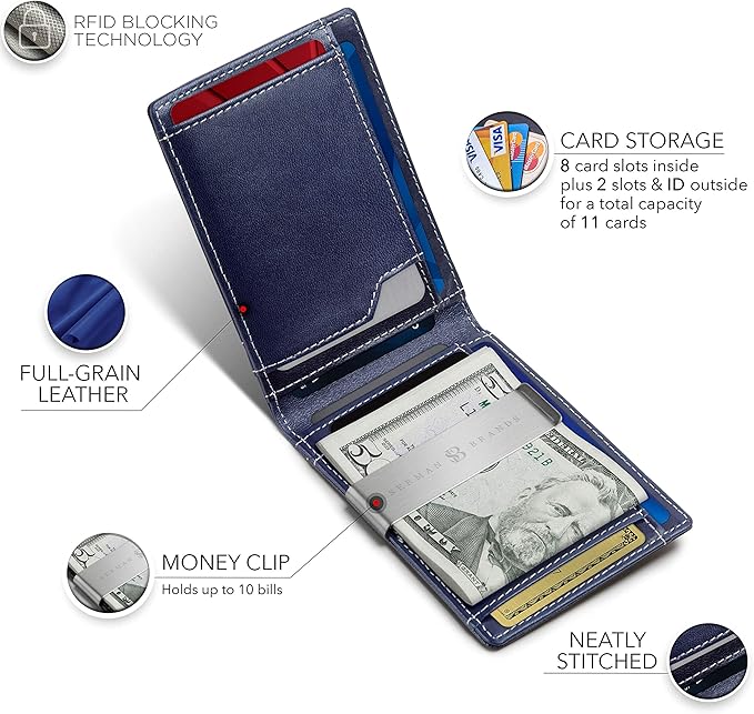 SERMAN BRANDS Money Clip Wallet - Mens Wallets slim Front Pocket RFID Blocking Card Holder Minimalist Mini Bifold